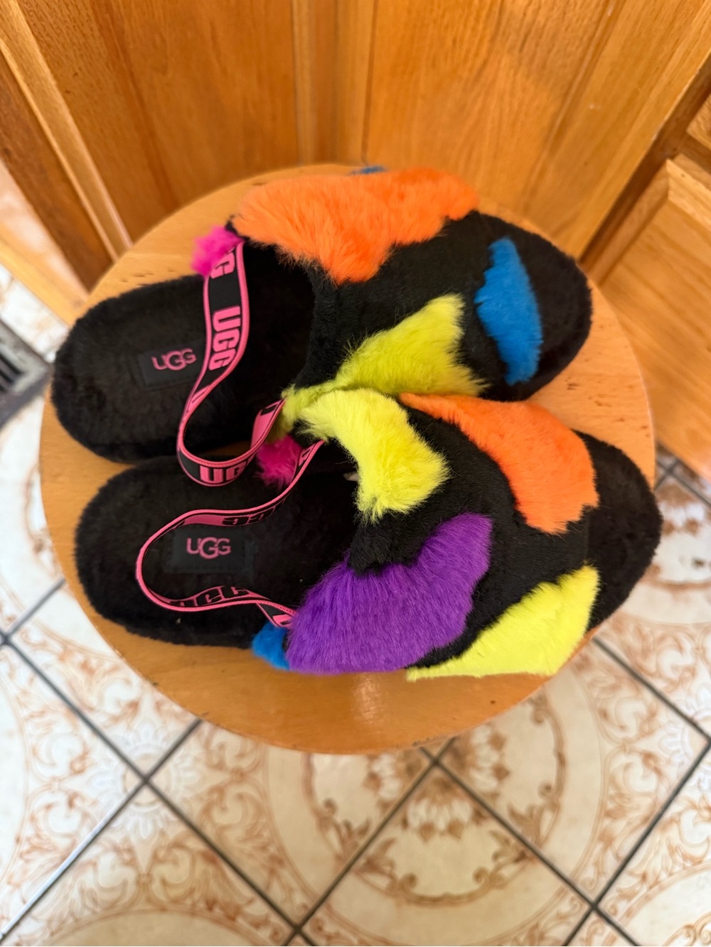 UGG Kids Black Faux Fur Slippers with Neon Orange, Yellow, Blue, Purple & Pink